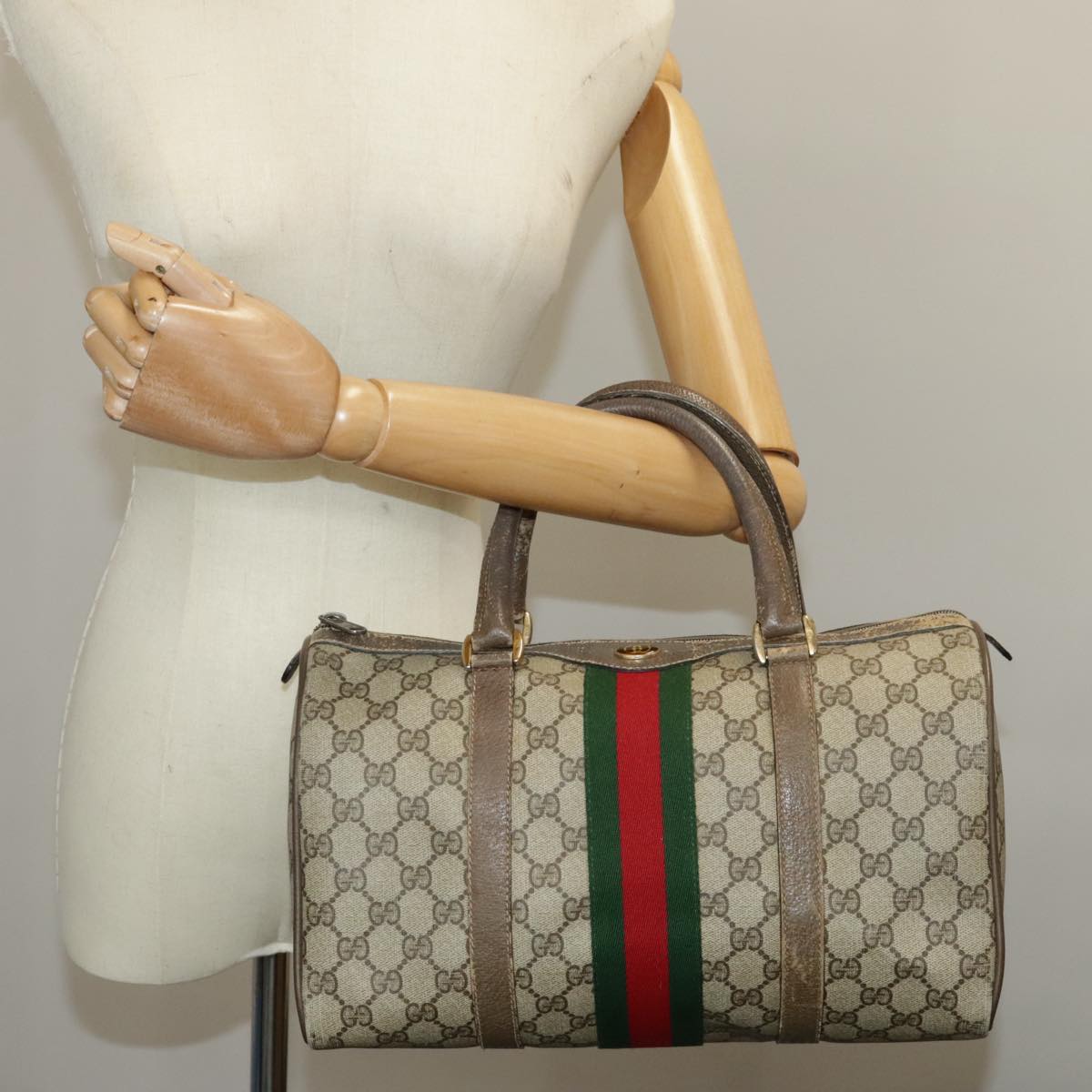 GUCCI GG Supreme Web Sherry Line Hand Bag PVC Beige Red 24 02 007 99688