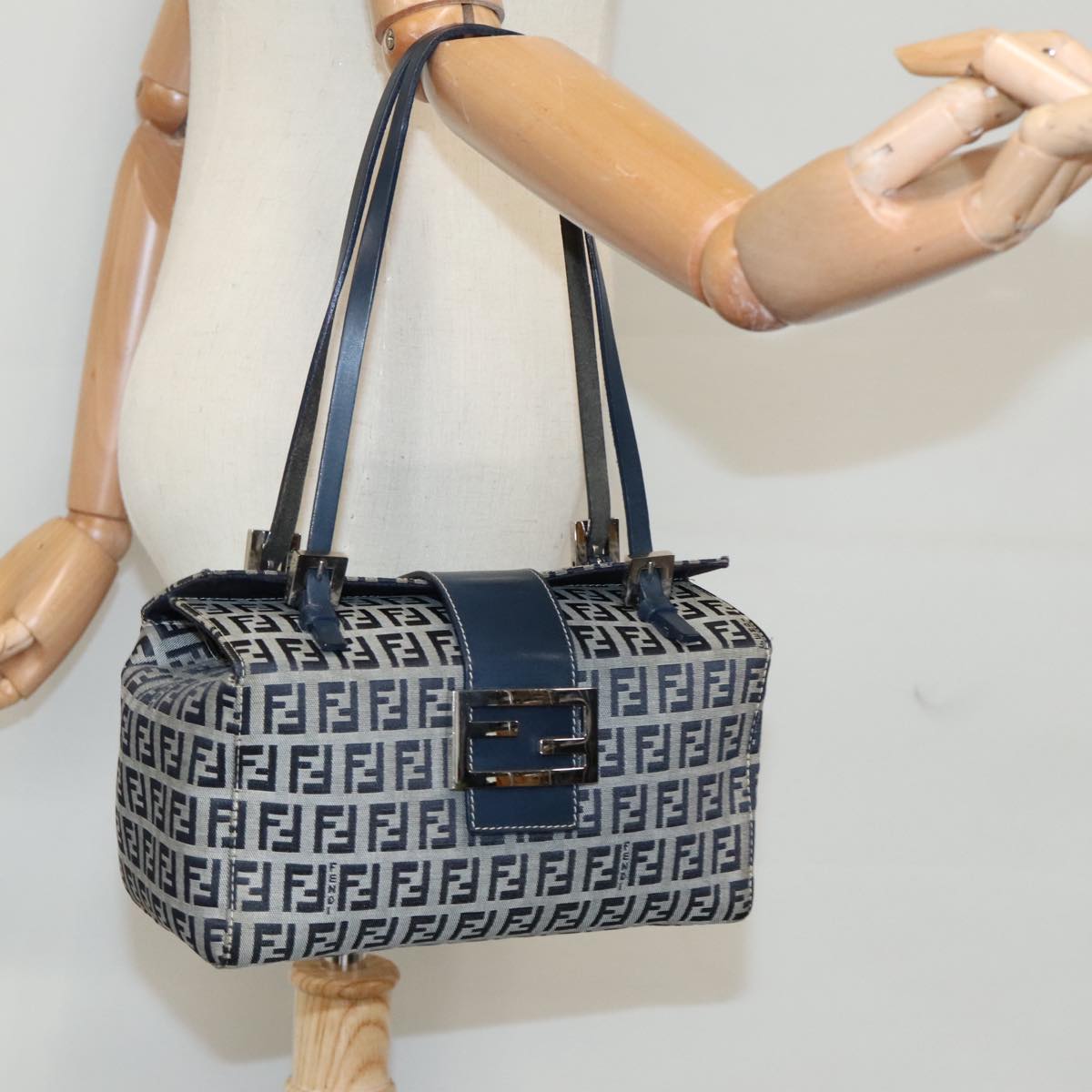 FENDI Zucchino Canvas Hand Bag Navy Silver 99690