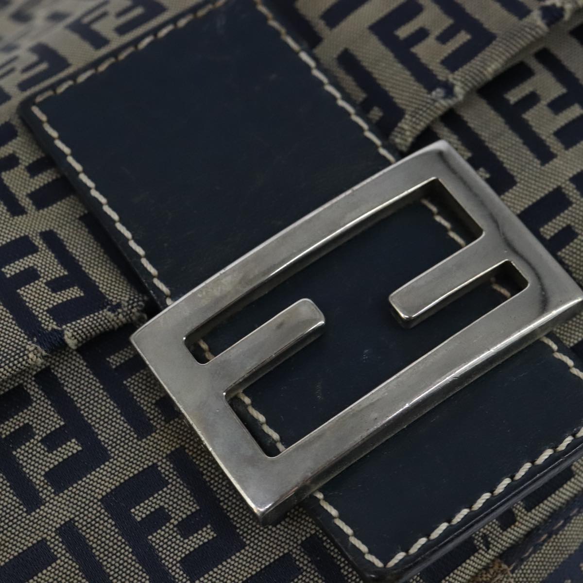 FENDI Zucchino Canvas Shoulder Bag Navy 99738