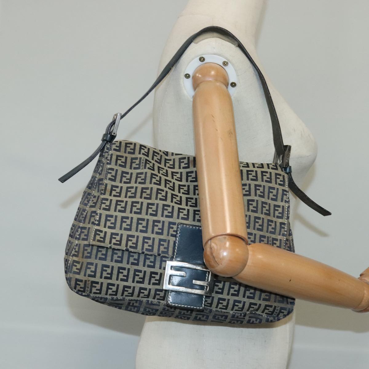 FENDI Zucchino Canvas Shoulder Bag Navy 99738