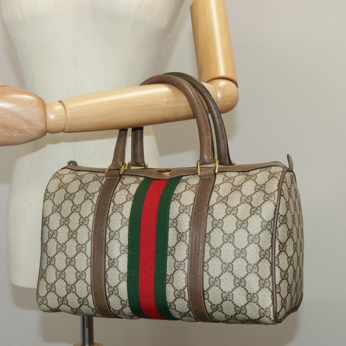 GUCCI GG Supreme Web Sherry Line Hand Bag PVC Beige Red 58 02 007 99813
