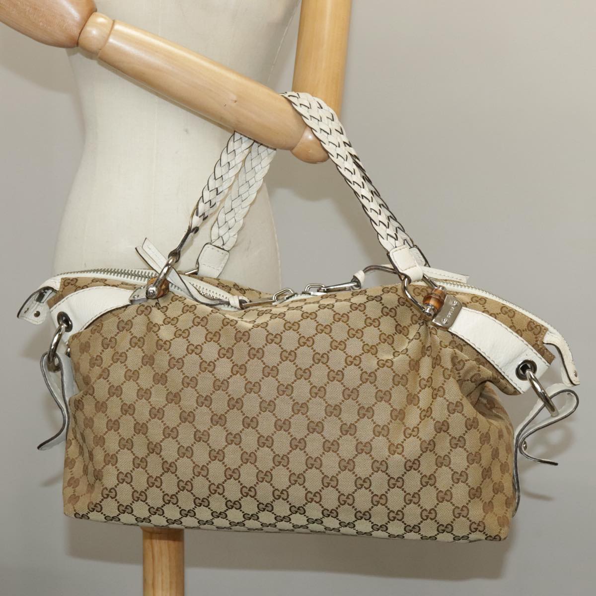 GUCCI GG Canvas Tote Bag Silver Beige 232959 99848