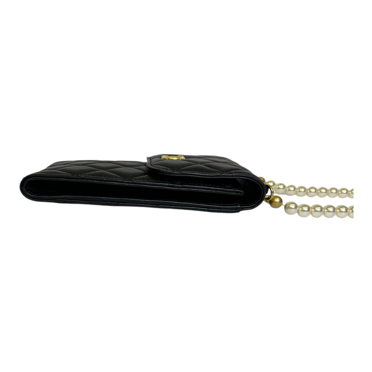 Chanel Lambskin Quilted Pearl Phone Holder With Chain Black