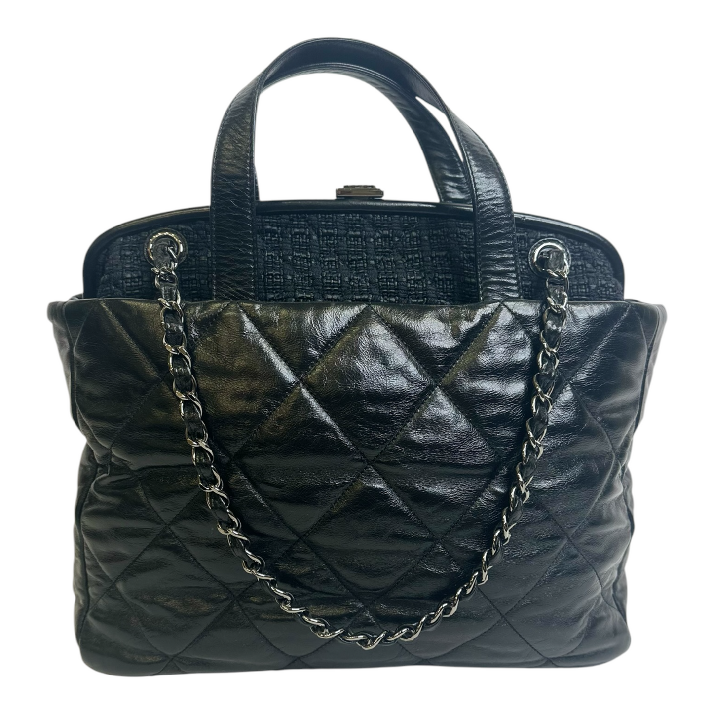 Chanel Portobello Quilted Glazed Calfskin Leather And Tweed Frame Shoulder Bag