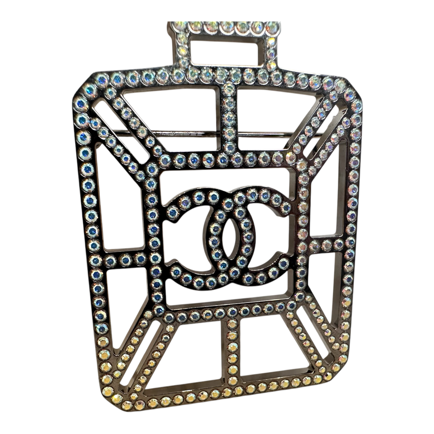 Chanel Ruthenium Crystal Perfume Bottle CC Brooch Iridescent Blue