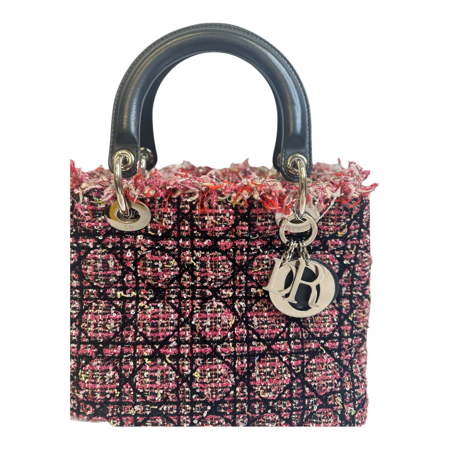 Christian Dior Tweed Fringe Cannage Embroidered Medium Lady Dior Pink Black Multicolor