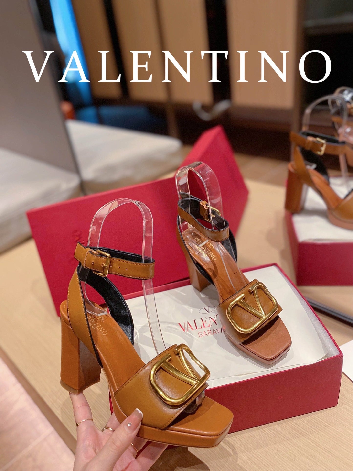 Valentino Garavani Strap Heeled Sandals With V Logo Signature EmbellisGLAMIent Orange For Women
