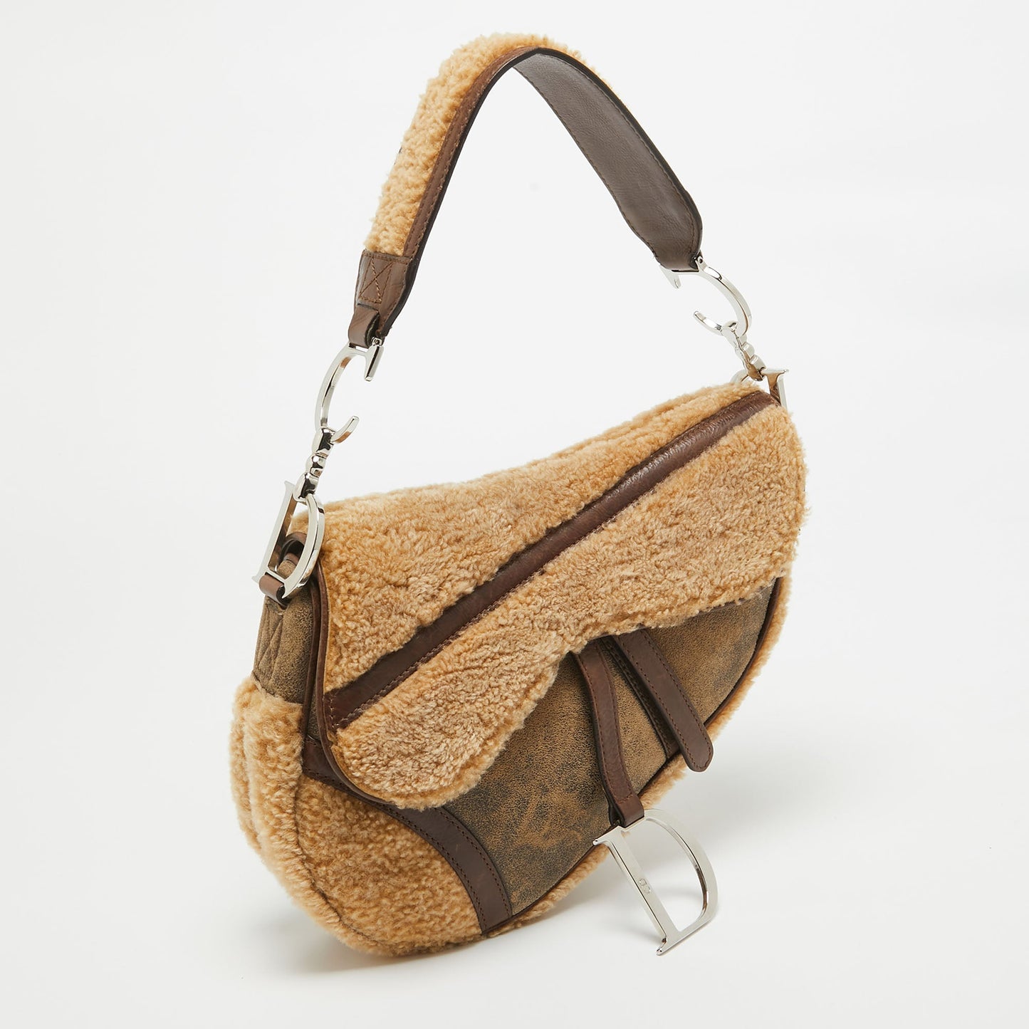 Dior /brown Shearling And Leather Saddle Bag