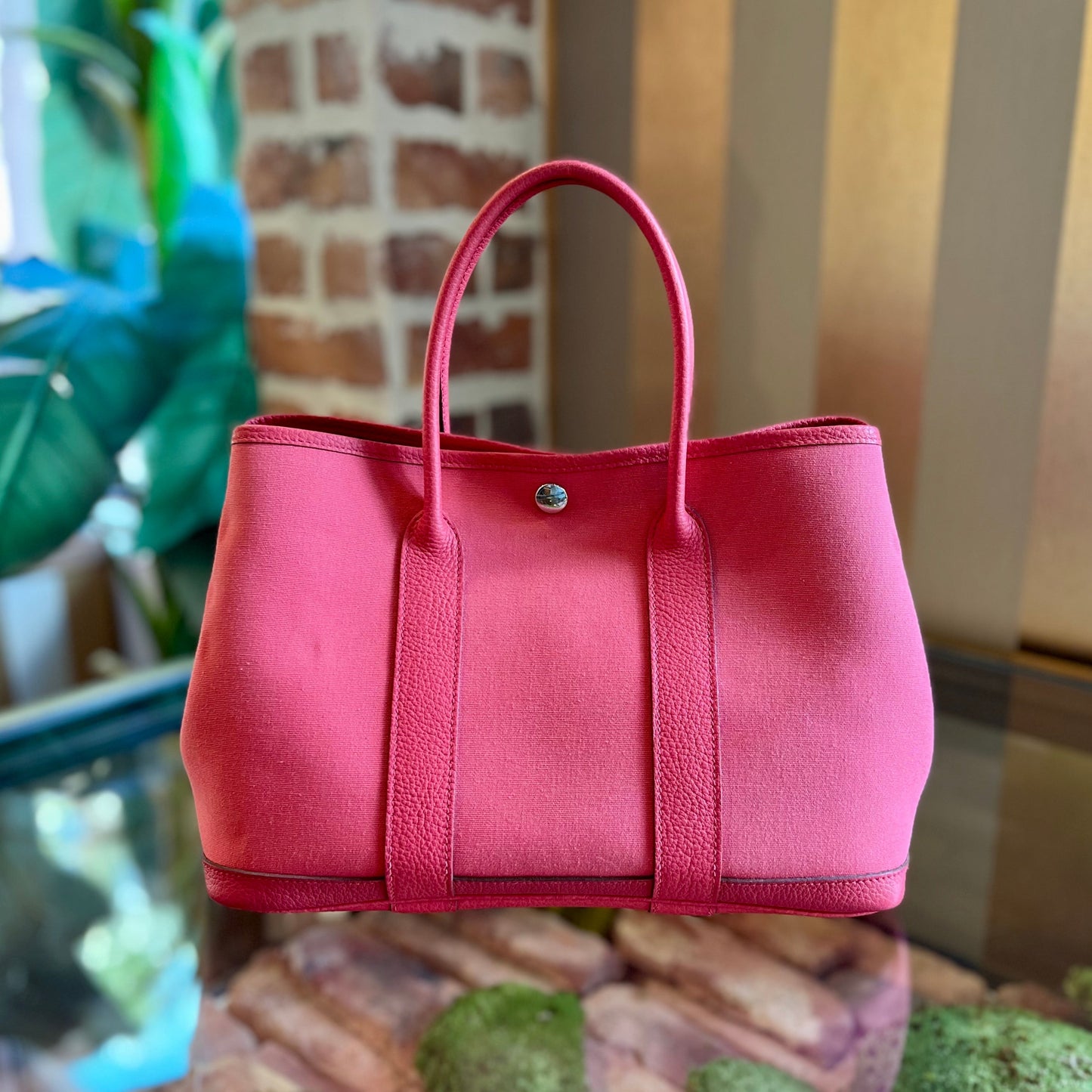 HERMES Garden Party 30 Pink Clémence Toile Tote