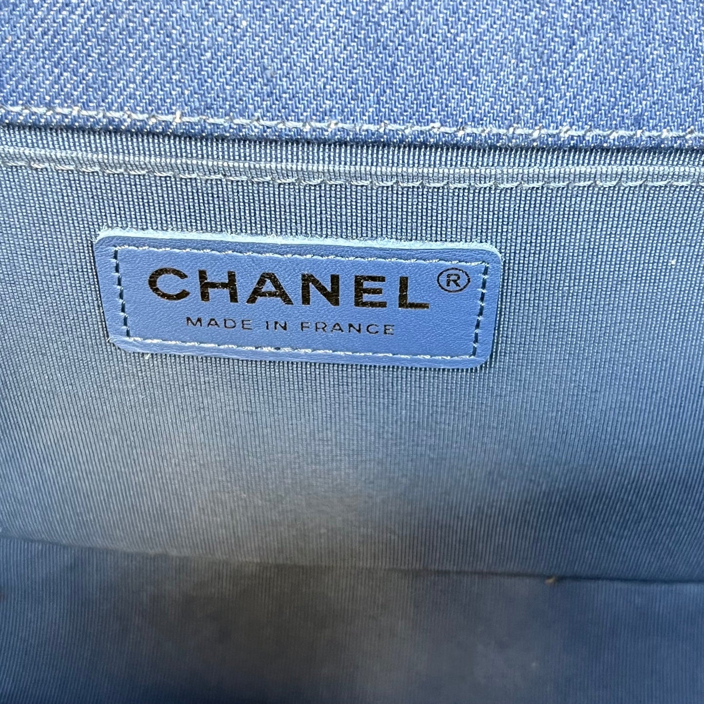 CHANEL Boy Flap Medium Light Blue Denim Pleated Shoulder Bag