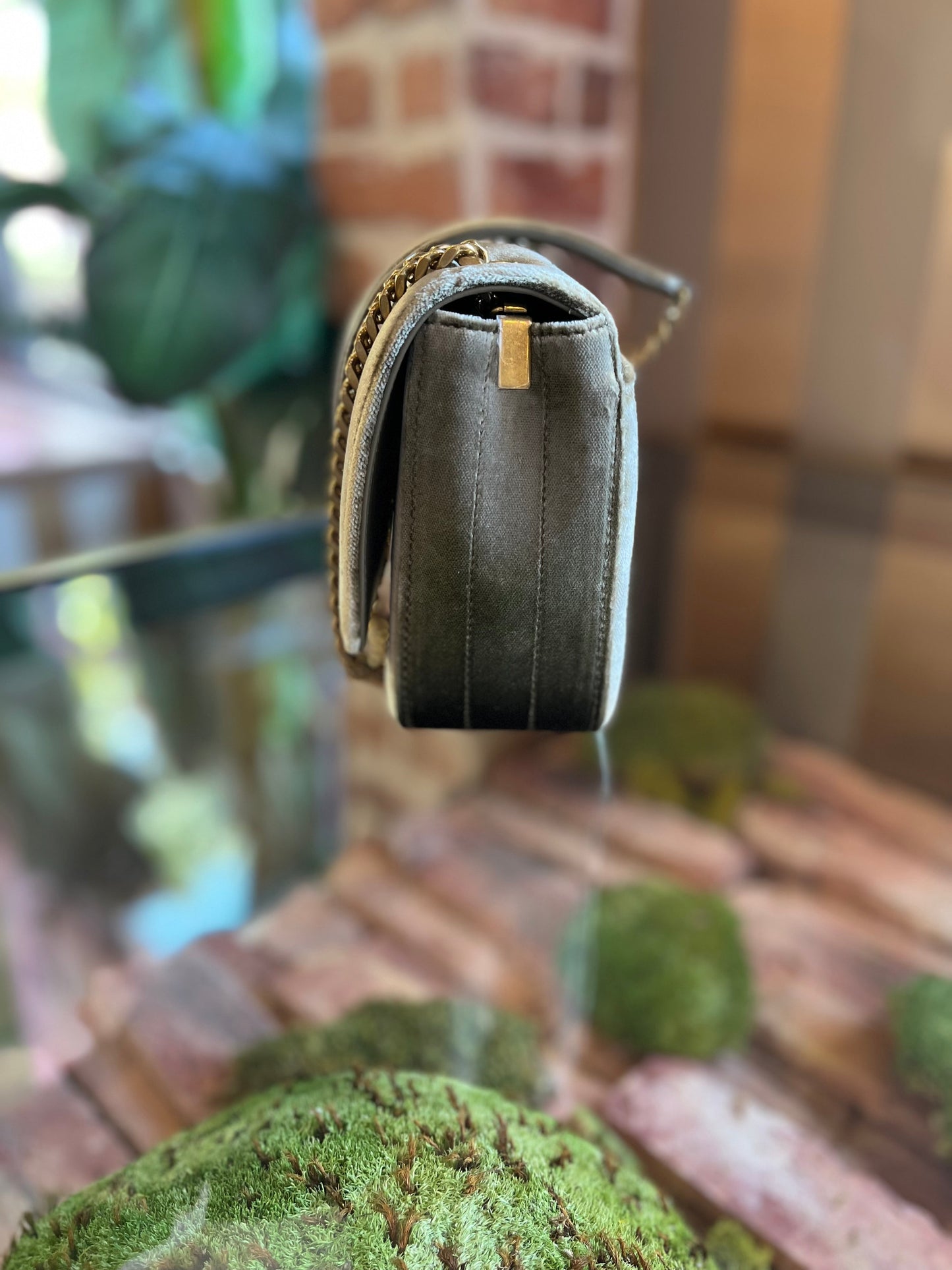 SAINT LAURENT Vicky Mini Olive Green Velvet Shoulder Bag