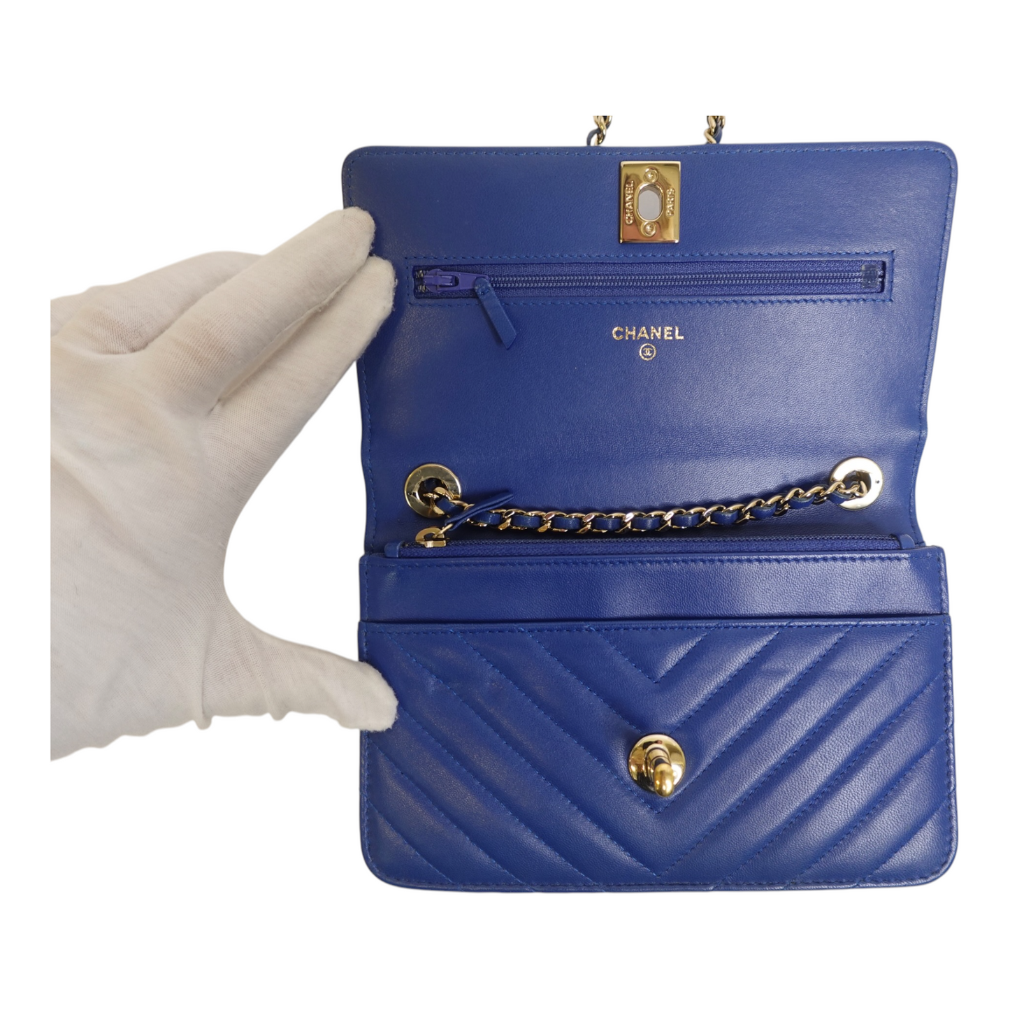 Chanel Lambskin Chevron Quilted Trendy Wallet On Chain