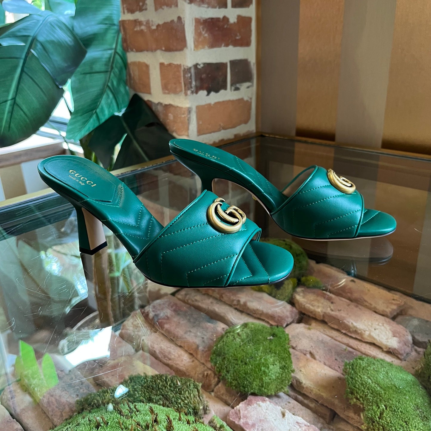 GUCCI GG Marmont Nappa Matelasse Emerald Slide Sandals SZ 38.5