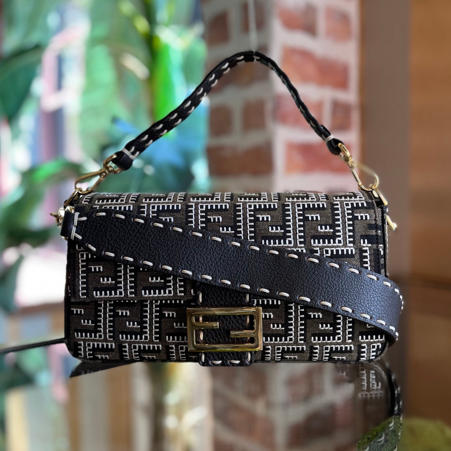 FENDI 1974 Baguette Embroidered FF Jacquard Shoulder Bag