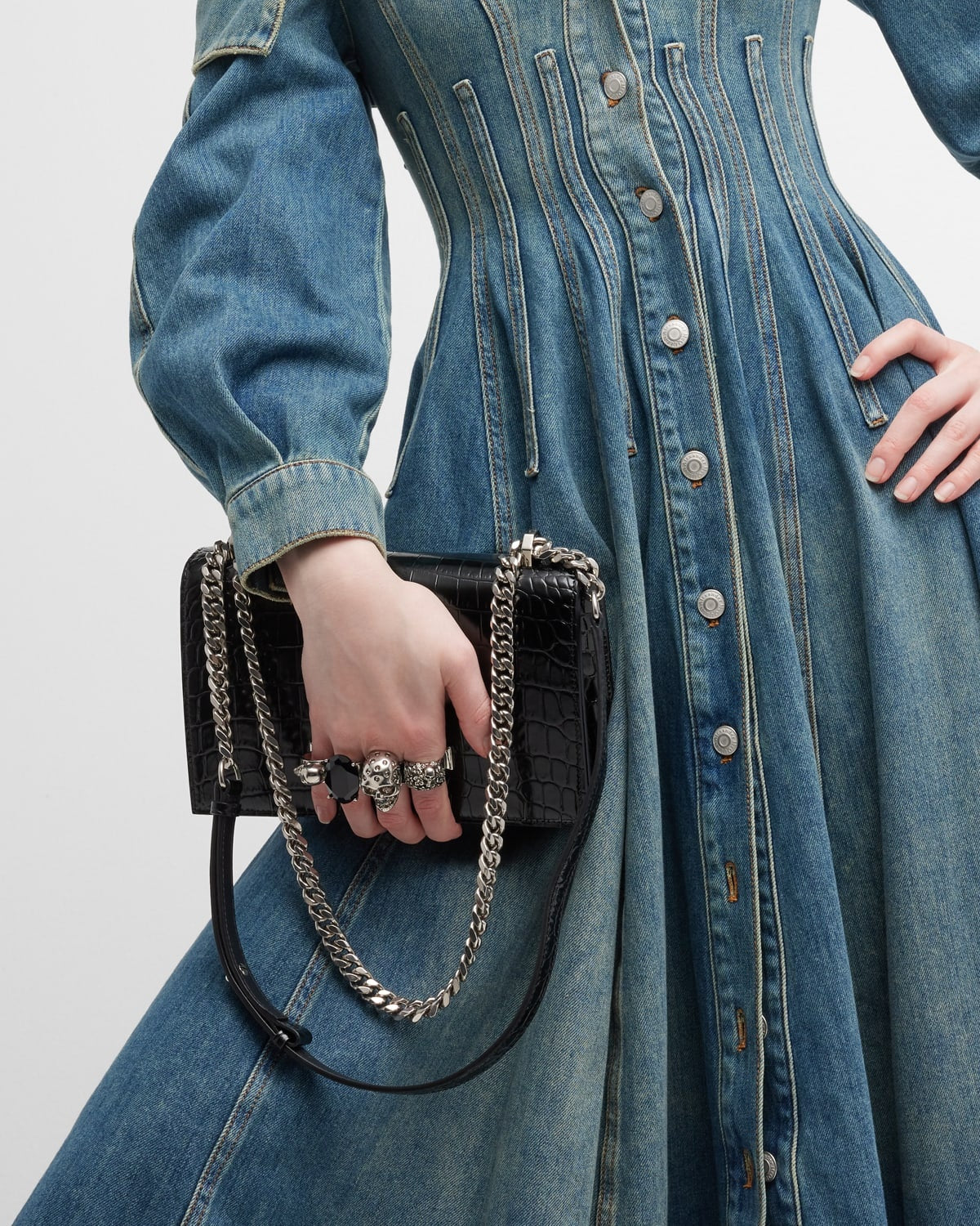 ALEXANDER MCQUEEN CROC EMBOSSED CALFSKIN JEWELLED SATCHEL