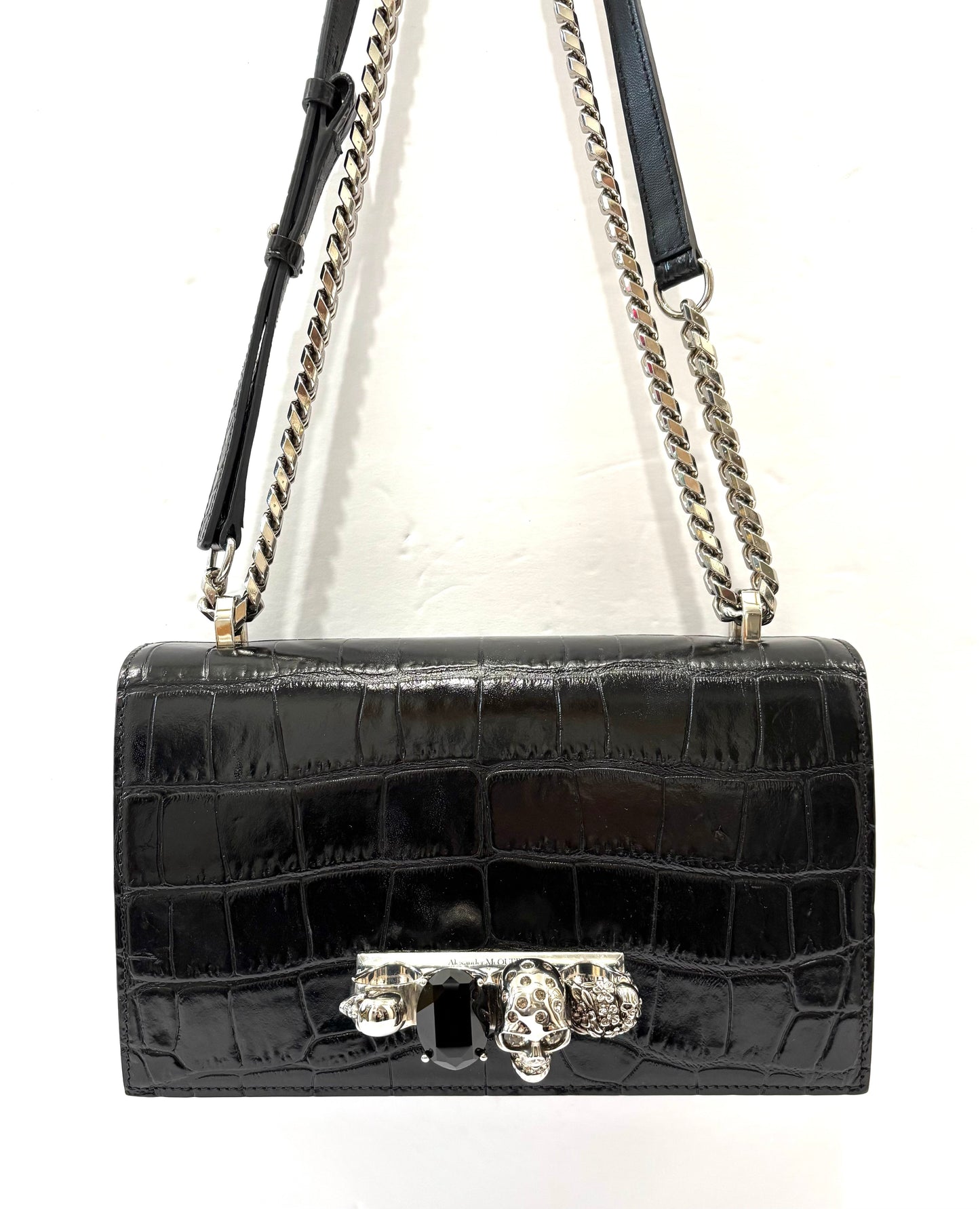 ALEXANDER MCQUEEN CROC EMBOSSED CALFSKIN JEWELLED SATCHEL