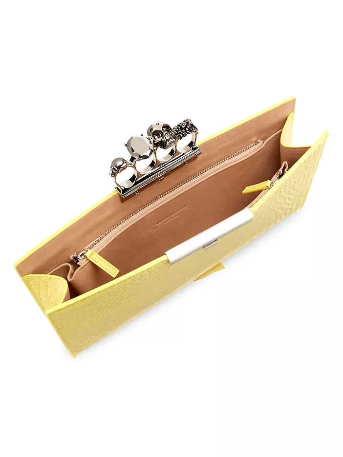 ALEXANDER MCQUEEN SKULL FOUR RING CROC EMBOSSED LEATHER CLUTCH BAG