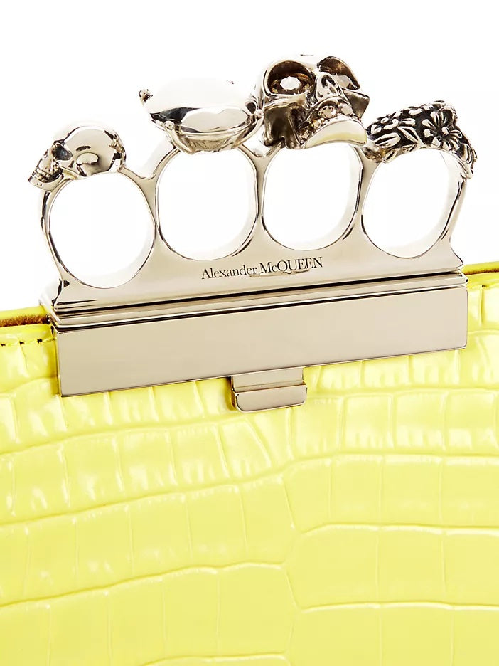 ALEXANDER MCQUEEN SKULL FOUR RING CROC EMBOSSED LEATHER CLUTCH BAG