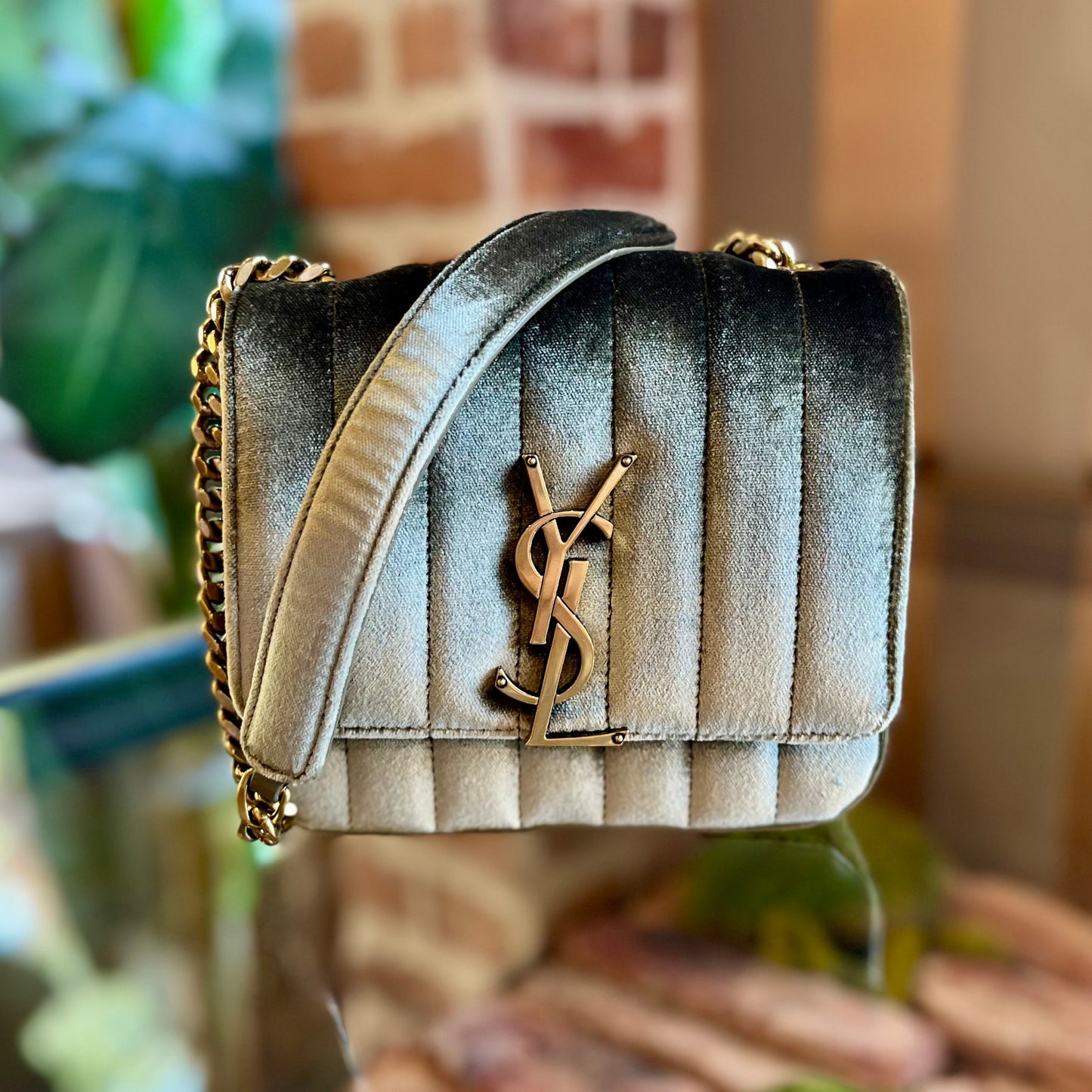 SAINT LAURENT Vicky Mini Olive Green Velvet Shoulder Bag