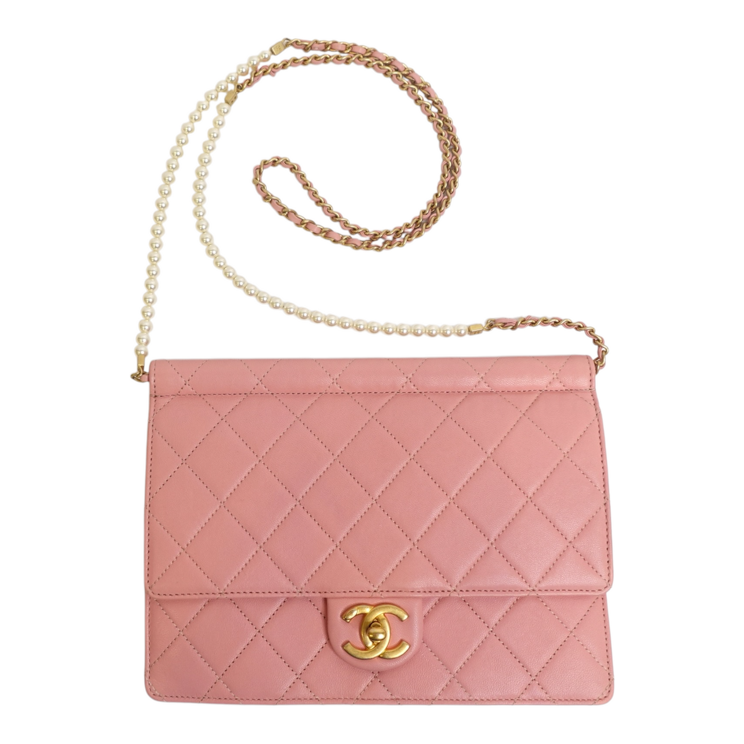Chanel Lambskin Quilted Large Pearl Chain Flap Bag Pink