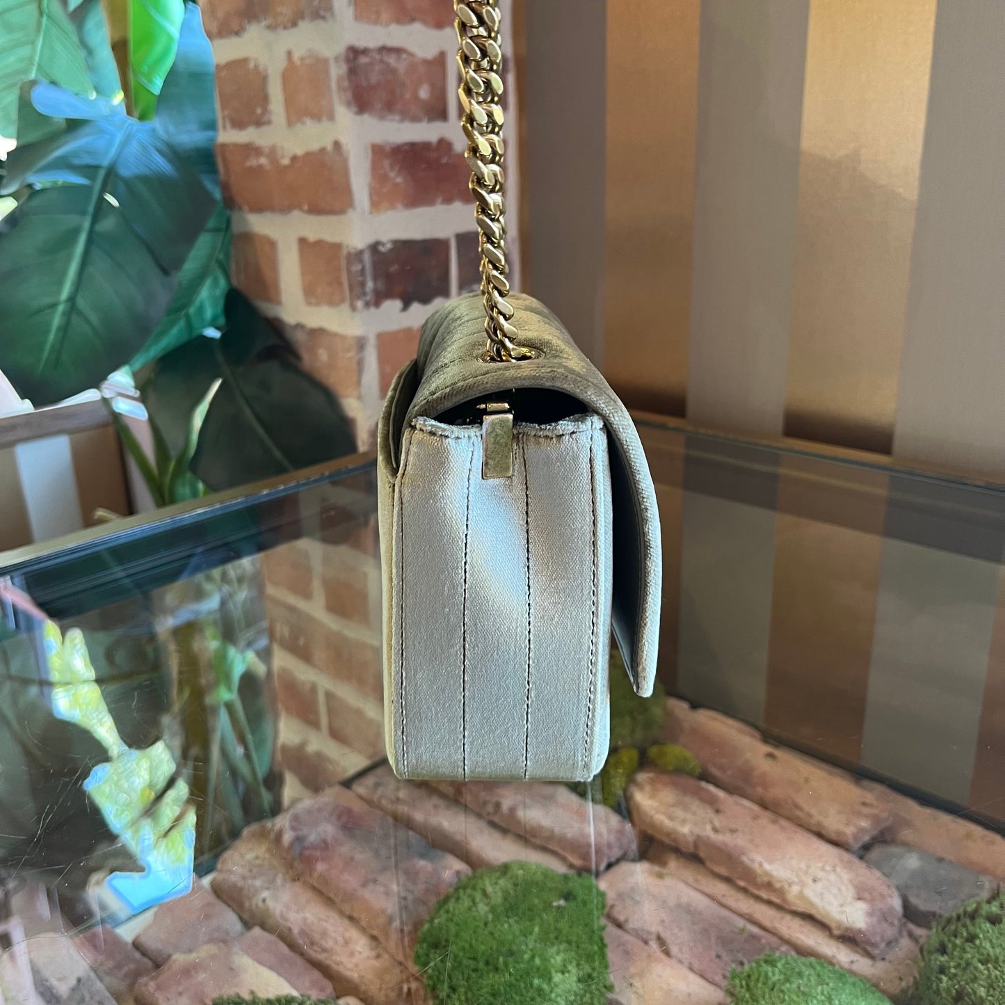 SAINT LAURENT Vicky Mini Olive Green Velvet Shoulder Bag