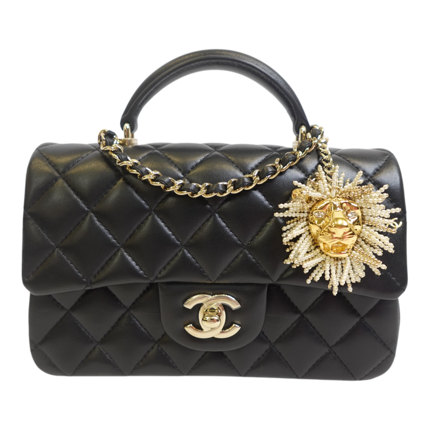GLM-Lambskin Pearl Crystal Mini GLM- Lion Charm Top Handle Rectangular Flap