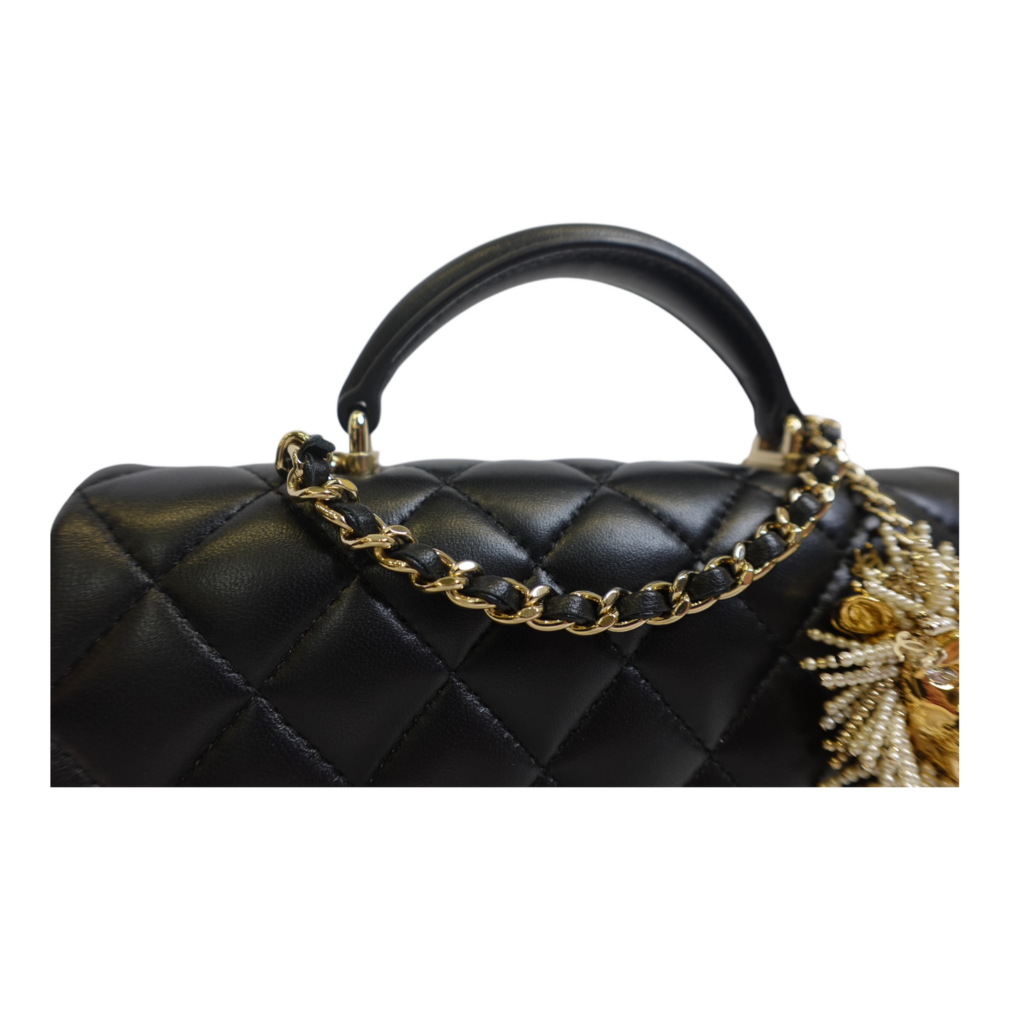 GLM-Lambskin Pearl Crystal Mini GLM- Lion Charm Top Handle Rectangular Flap
