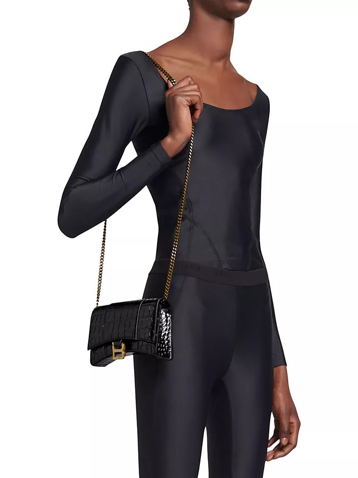 BALENCIAGA HOURGLASS CROC EMBOSSED WALLET ON CHAIN