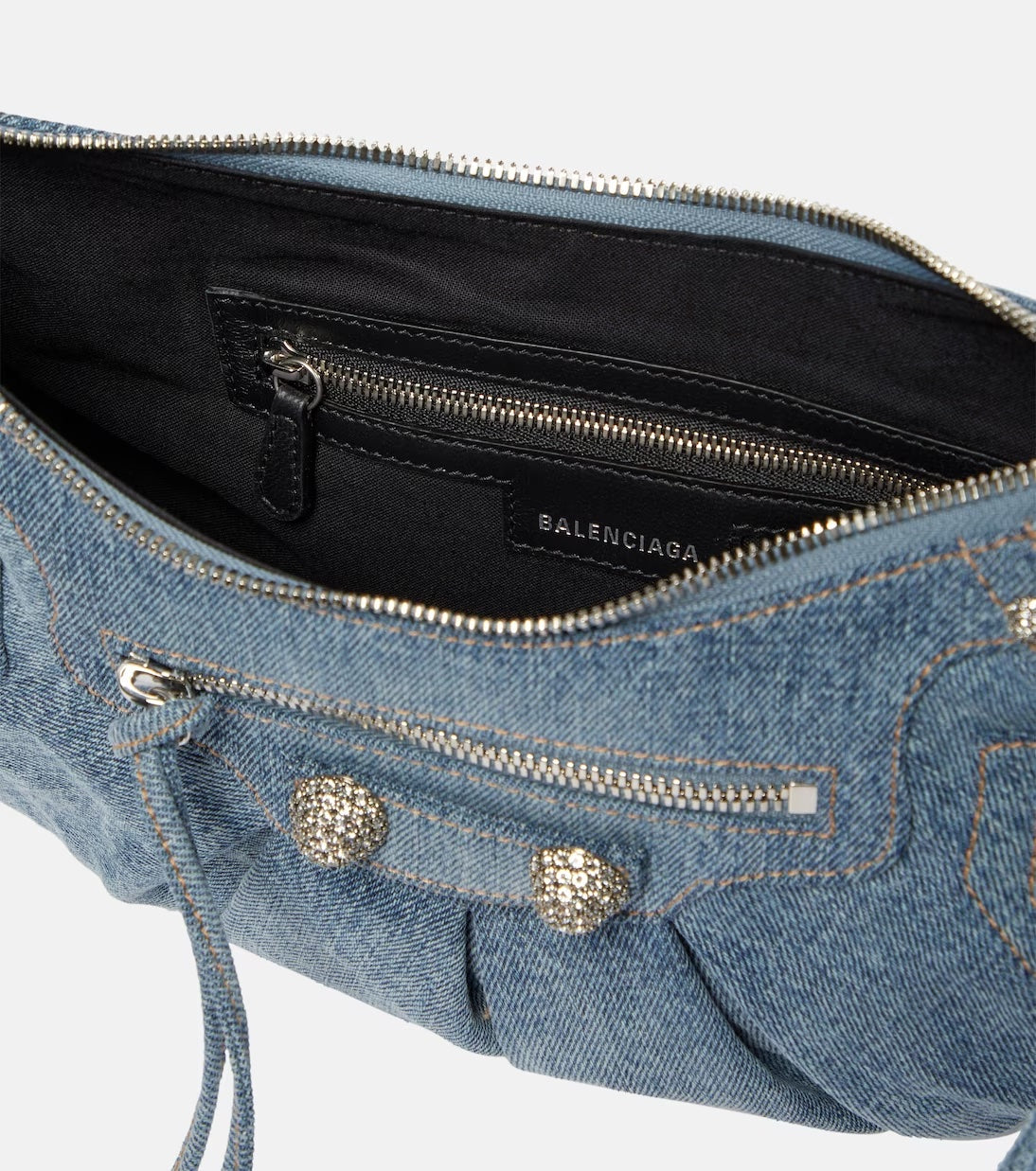 BALENCIAGA LE CAGOLE SMALL DENIM CRYSTAL SHOULDER BAG