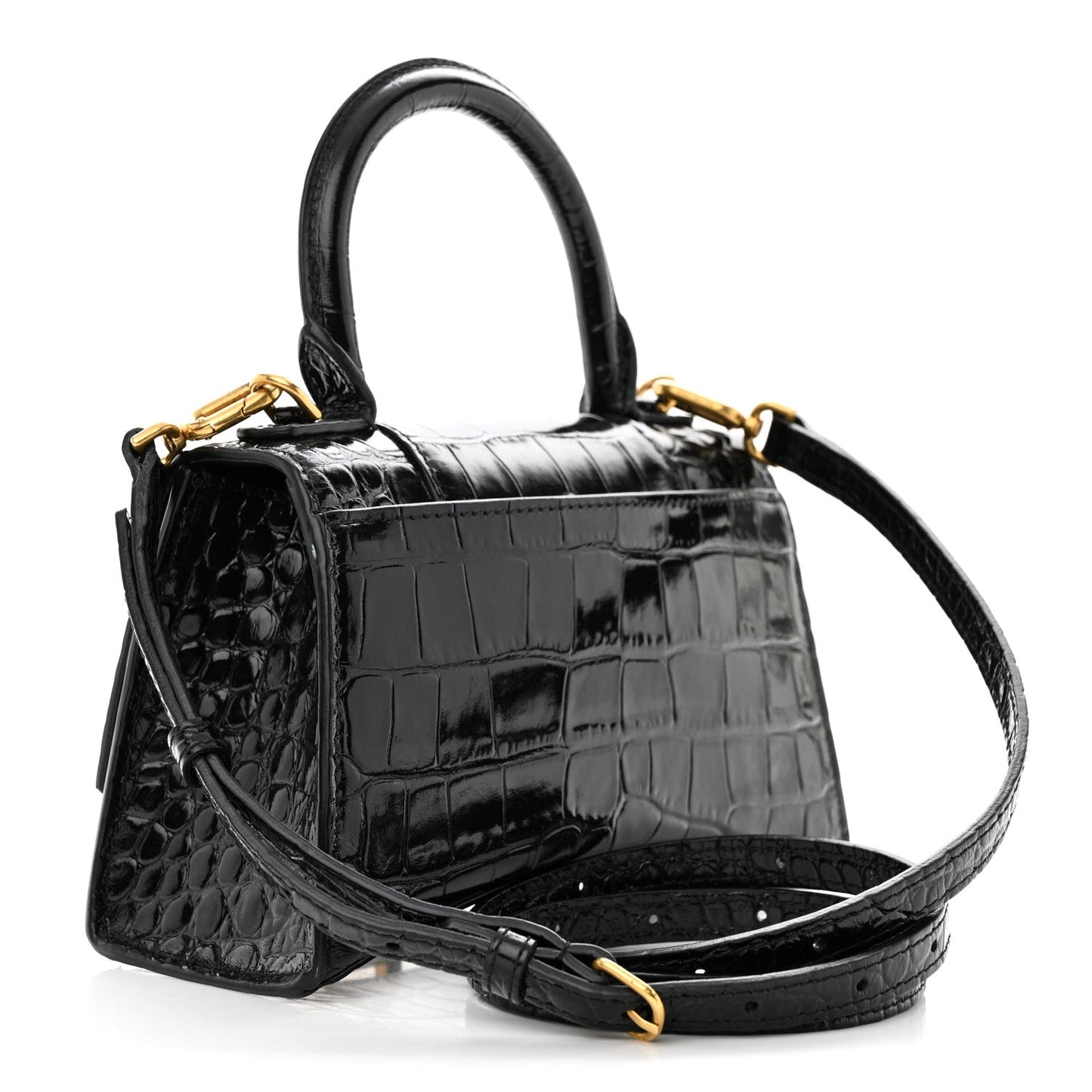 BALENCIAGA SHINY CALFSKIN CROC EMBOSSED MINI HOURGLASS BAG