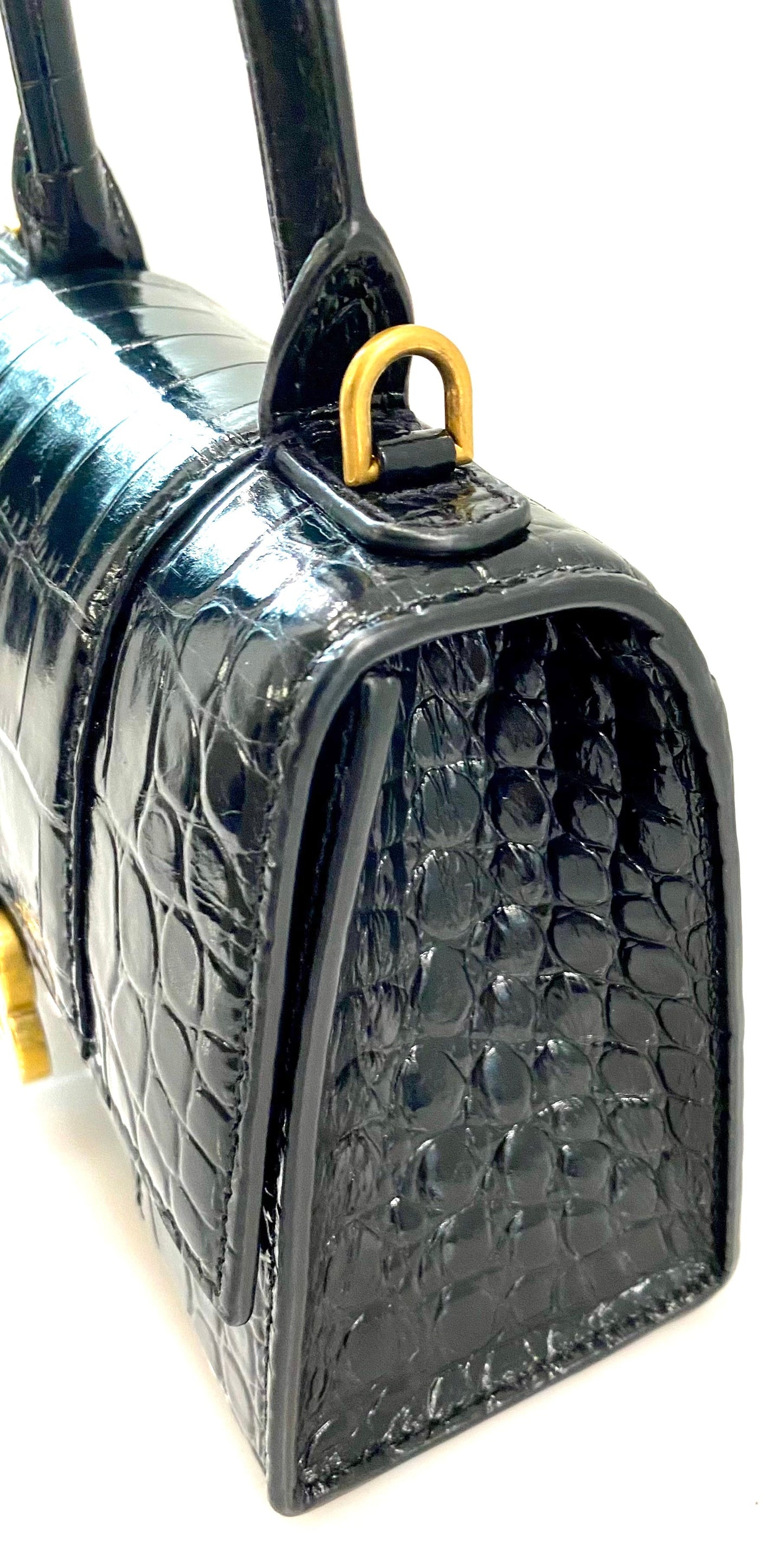 BALENCIAGA SHINY CALFSKIN CROC EMBOSSED MINI HOURGLASS BAG