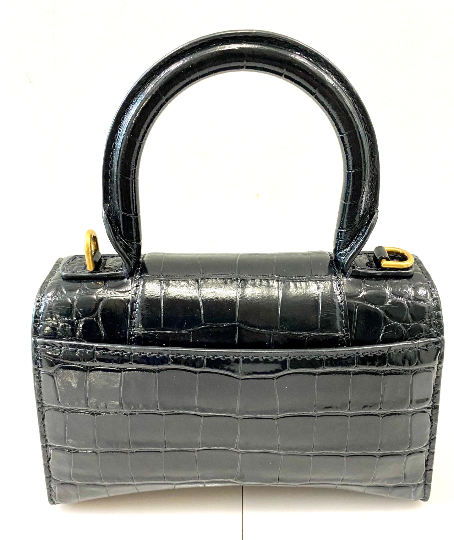 BALENCIAGA SHINY CALFSKIN CROC EMBOSSED MINI HOURGLASS BAG