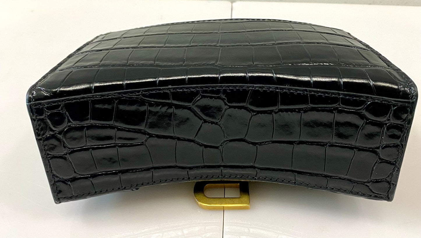 BALENCIAGA SHINY CALFSKIN CROC EMBOSSED MINI HOURGLASS BAG