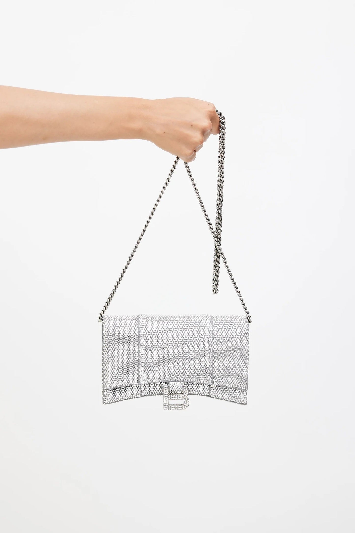 BALENCIAGA SILVER CRYSTAL HOURGLASS CROSSBODY BAG