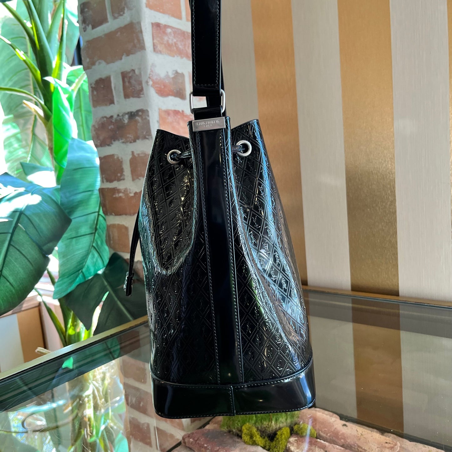 SAINT LAURENT Spazzolato Le Monogram Drawstring Bucket Bag