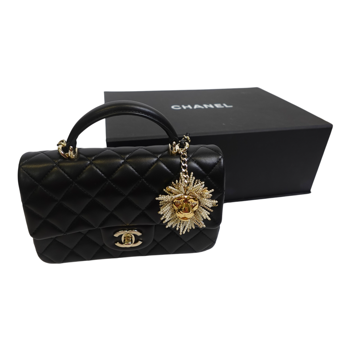 GLM-Lambskin Pearl Crystal Mini GLM- Lion Charm Top Handle Rectangular Flap