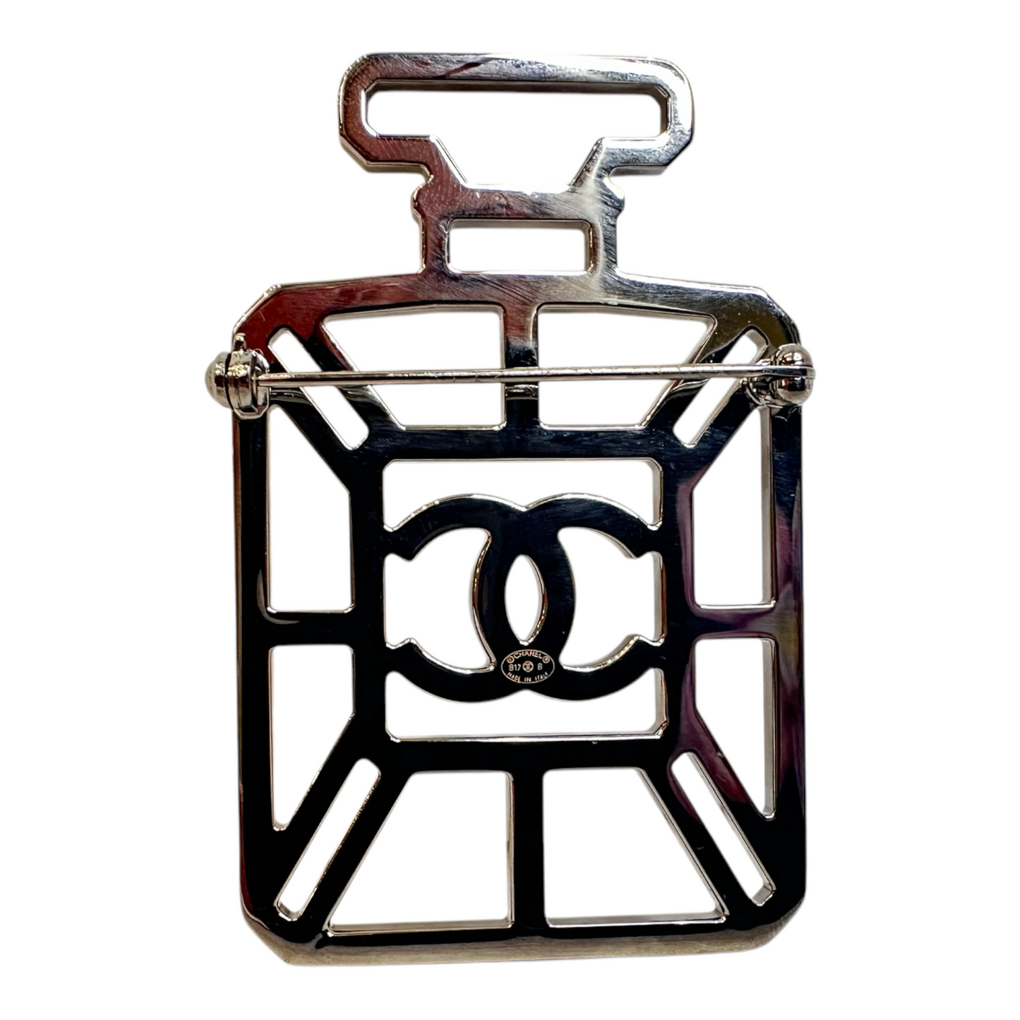 Chanel Ruthenium Crystal Perfume Bottle CC Brooch Iridescent Blue