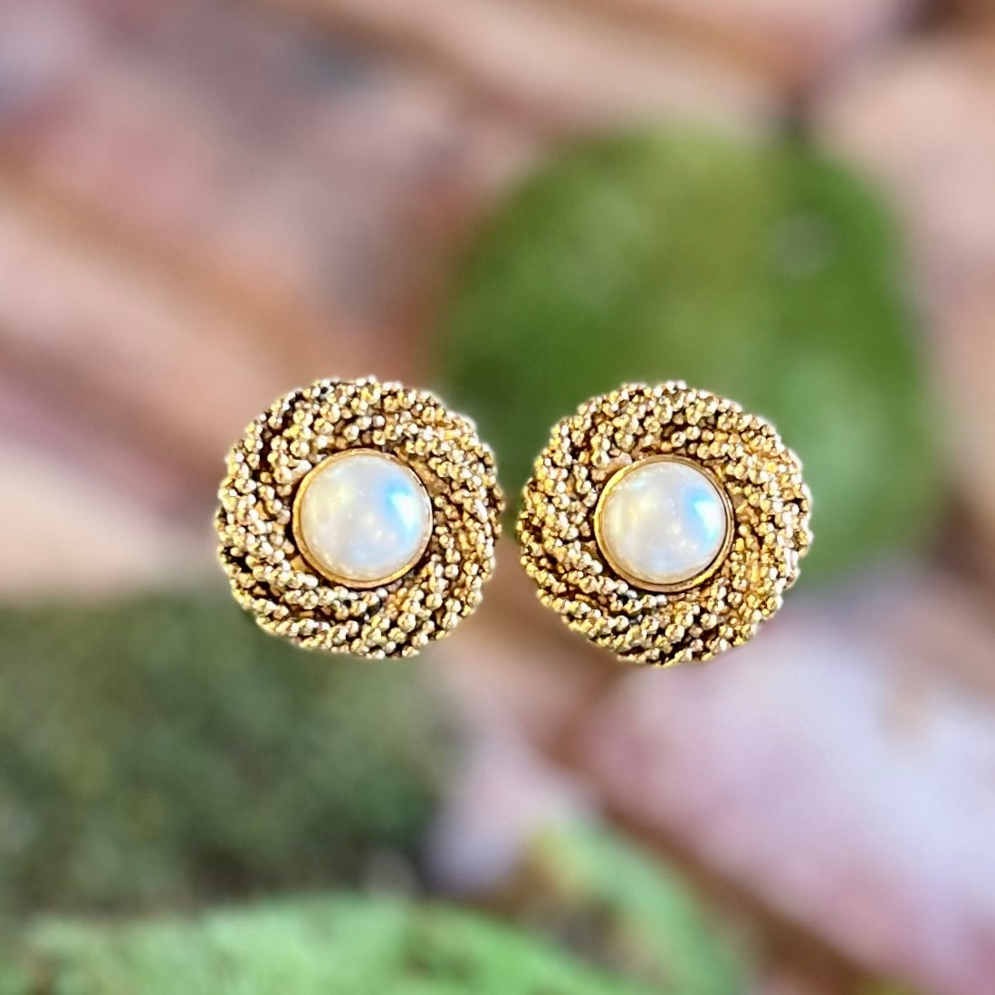 CHANEL Vintage Gold Braided Beaded Pearl Clip On Earrings