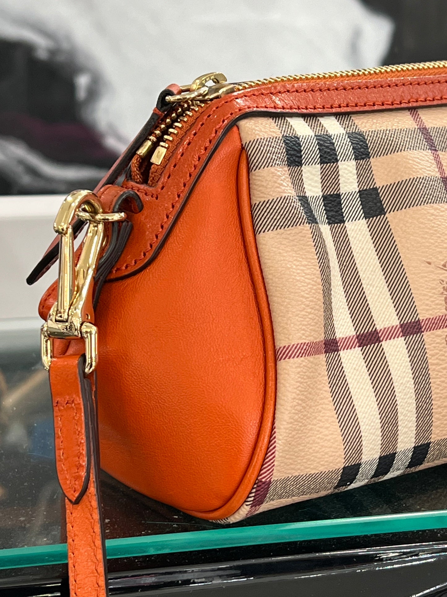 BURBERRY BURNT AMBER HAYMARKET CHECK MINI BLAZE CROSSBODY BAG
