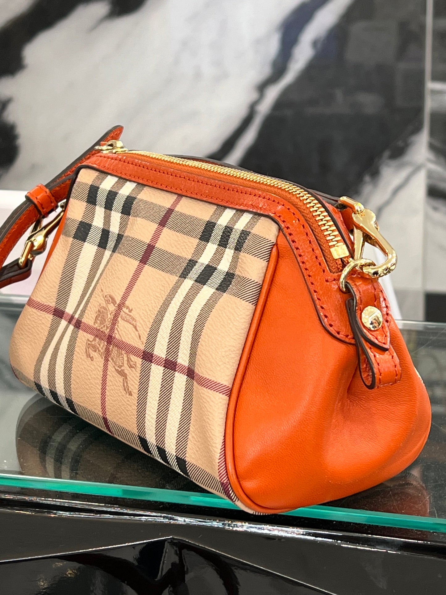 BURBERRY BURNT AMBER HAYMARKET CHECK MINI BLAZE CROSSBODY BAG