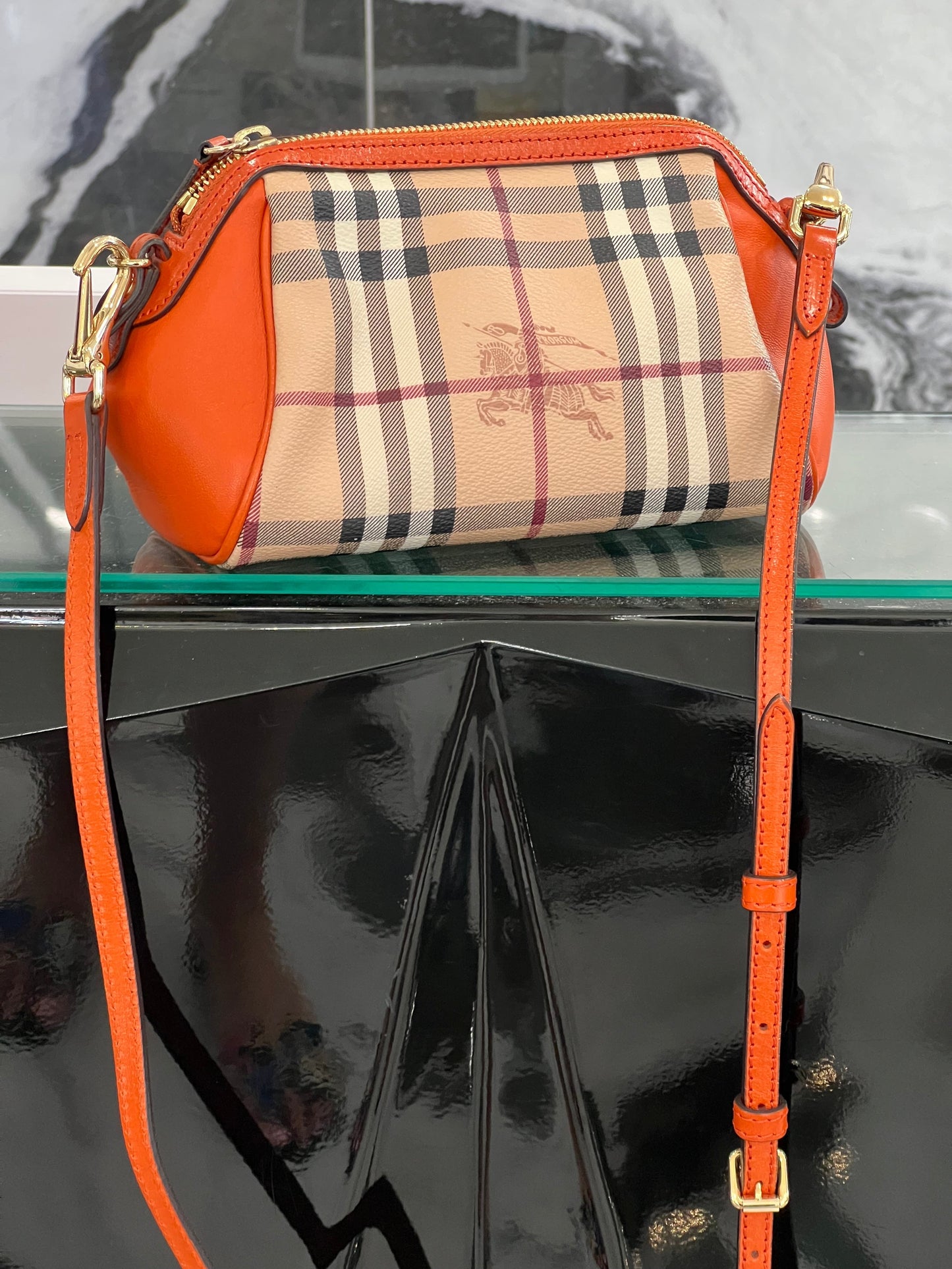 BURBERRY BURNT AMBER HAYMARKET CHECK MINI BLAZE CROSSBODY BAG
