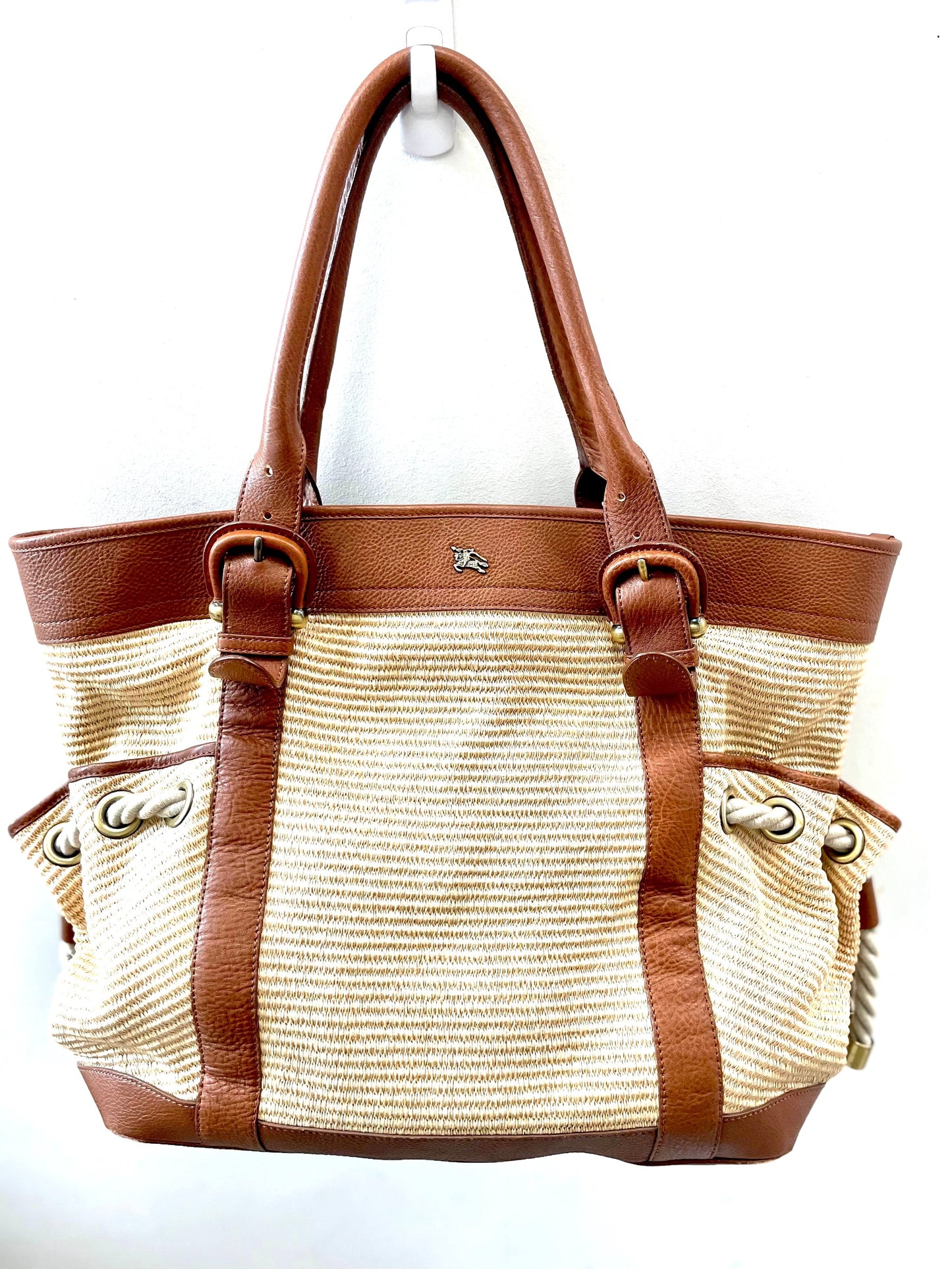 BURBERRY CARTERA FIGUE CANVAS & CALFSKIN LEATHER TOTE BAG