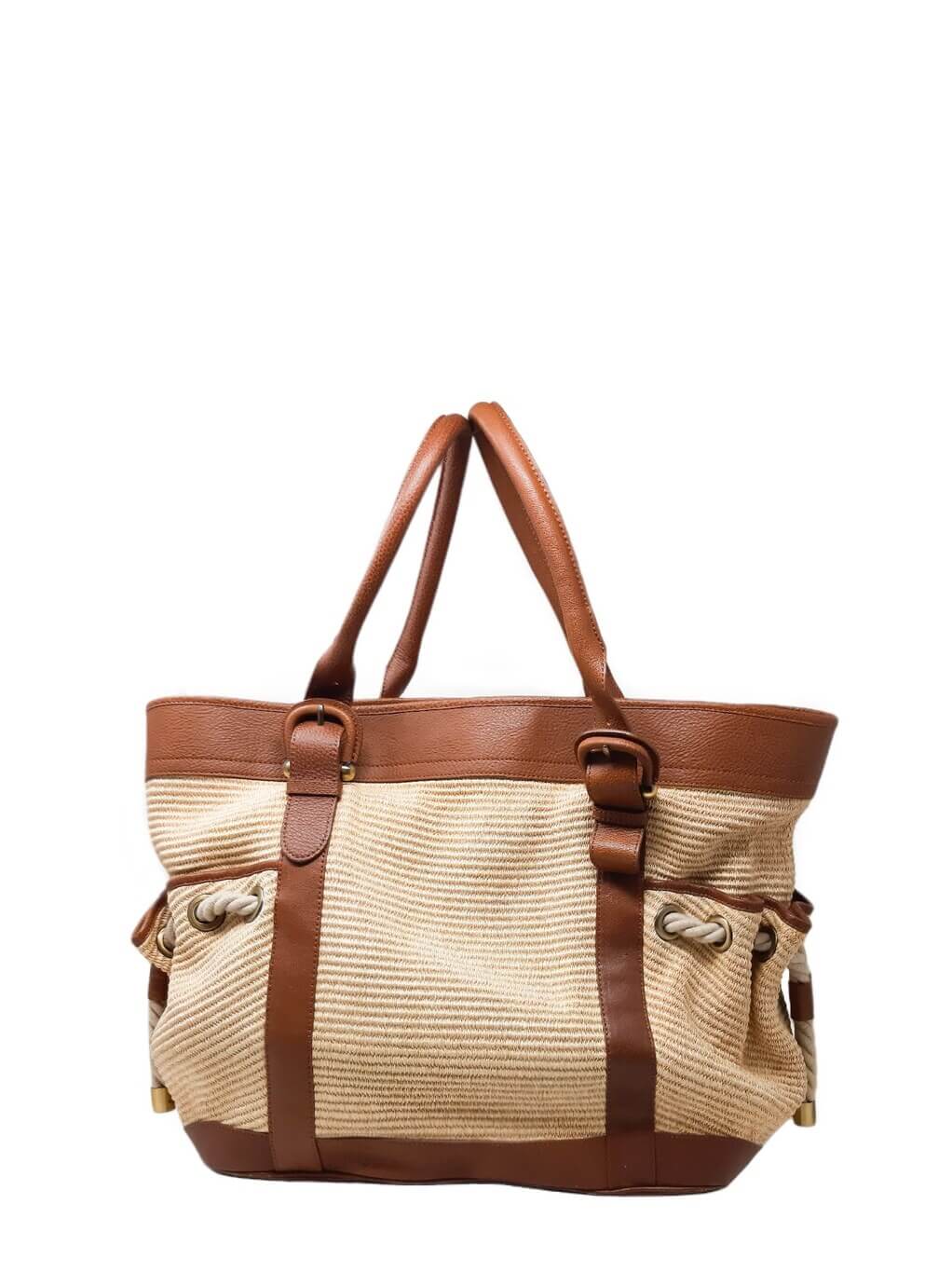 BURBERRY CARTERA FIGUE CANVAS & CALFSKIN LEATHER TOTE BAG