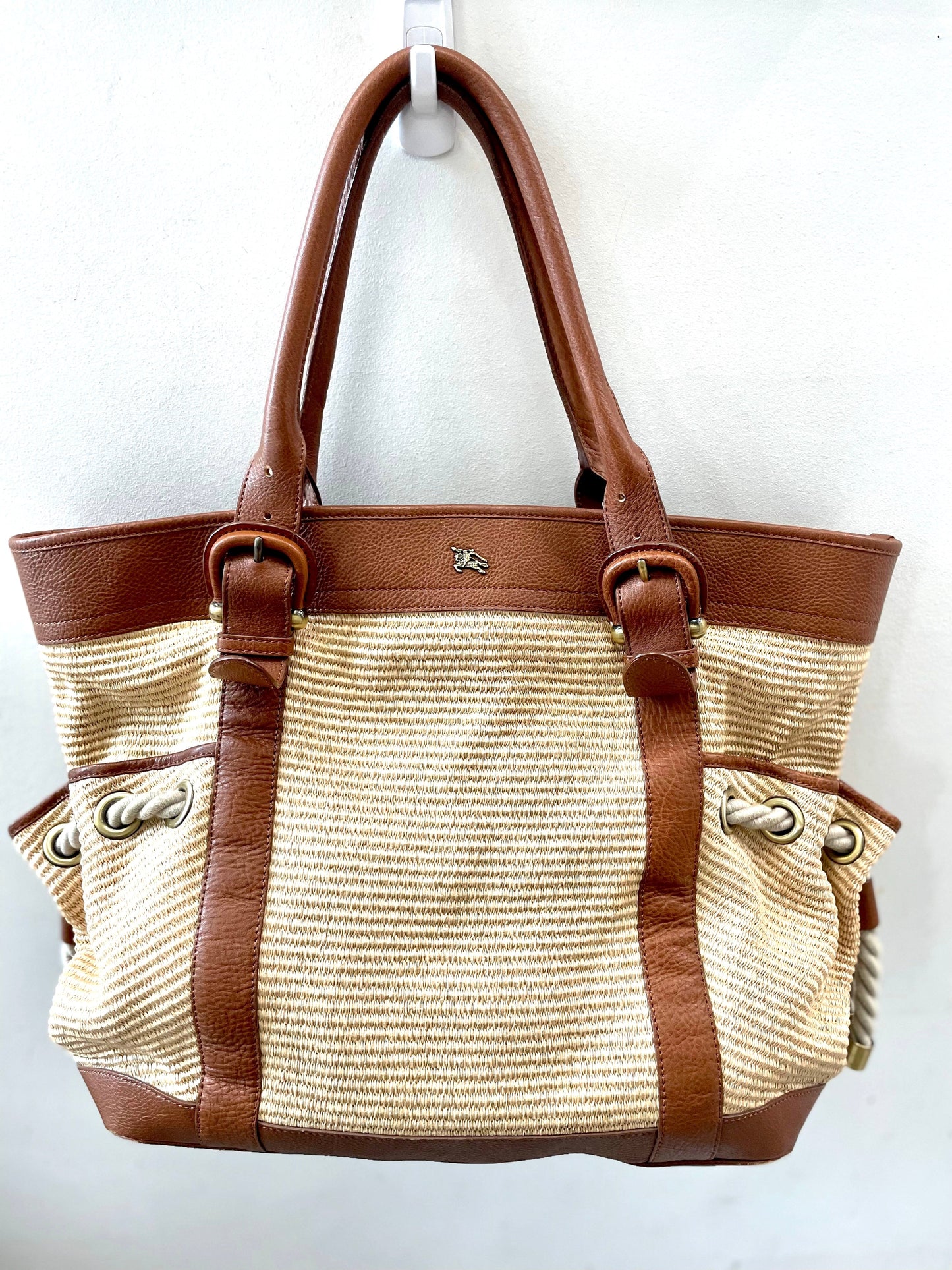 BURBERRY CARTERA FIGUE CANVAS & CALFSKIN LEATHER TOTE BAG