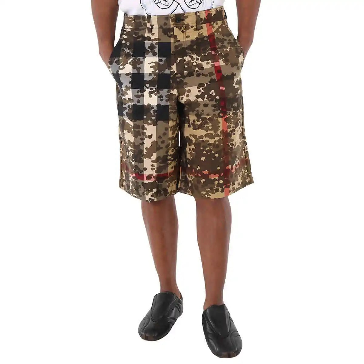 BURBERRY MEN'S BLACK CAMOUFLAGE CHECK COTTON TAILORED SHORTS