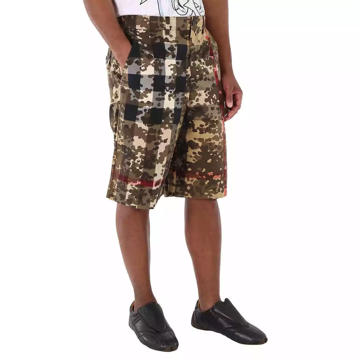BURBERRY MEN'S BLACK CAMOUFLAGE CHECK COTTON TAILORED SHORTS