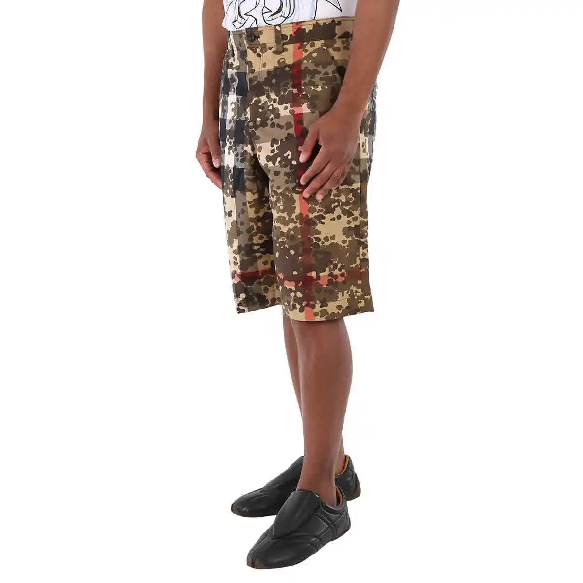 BURBERRY MEN'S BLACK CAMOUFLAGE CHECK COTTON TAILORED SHORTS