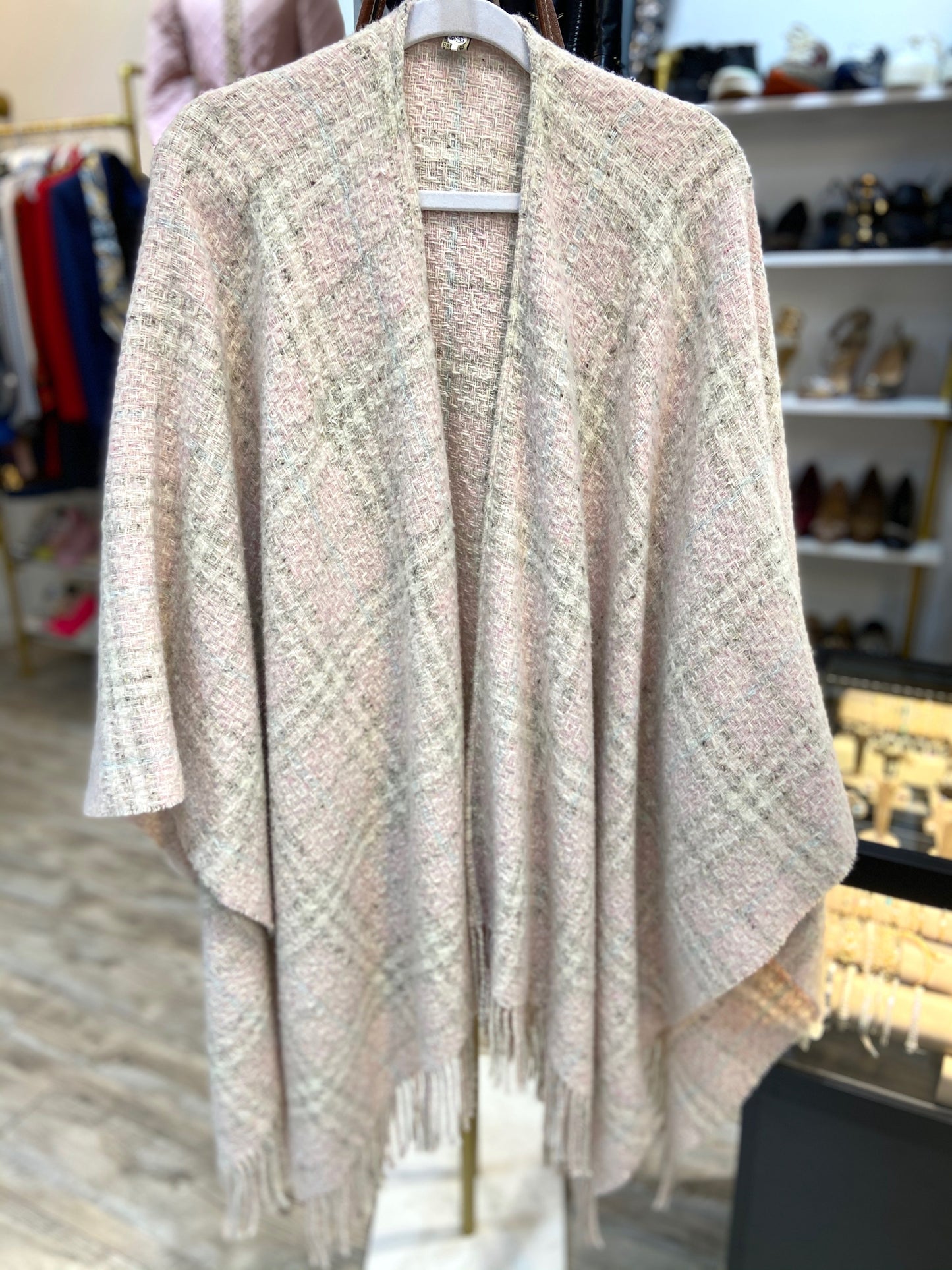 BURBERRY NOVA CHECK PALE PINK WOOL FRINGE CAPE