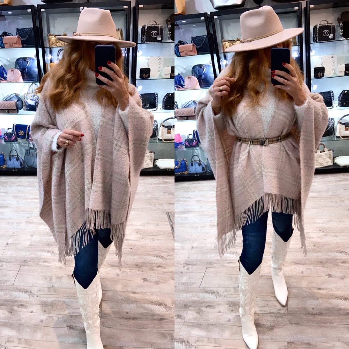 BURBERRY NOVA CHECK PALE PINK WOOL FRINGE CAPE