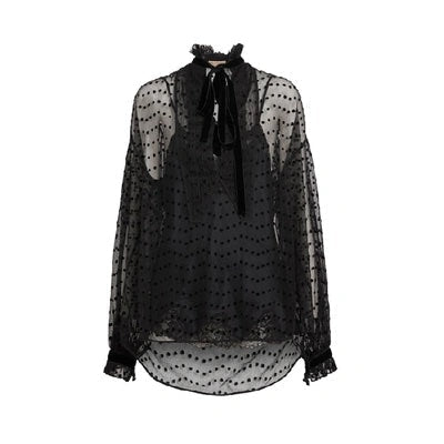 BURBERRY POLKA DOT FLOCK TULLE TIE-NECK BLOUSE